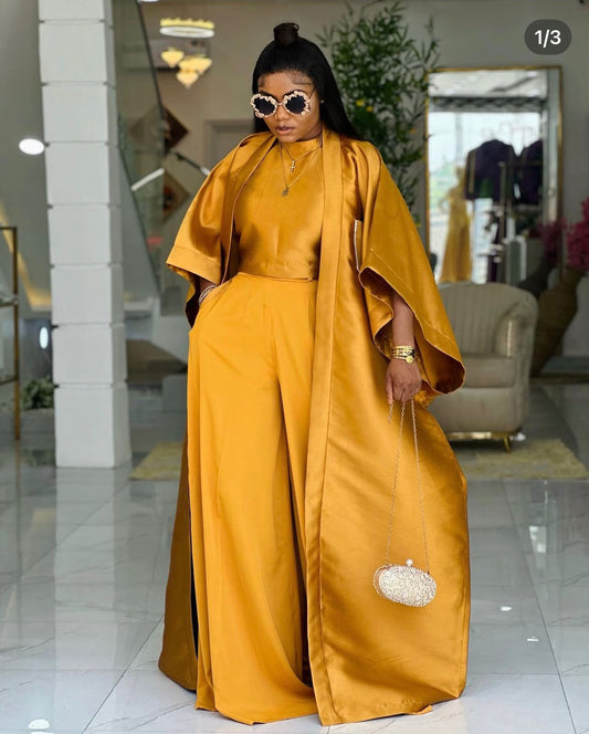 Golden  AFRICAN BROCADE DRESS Three-Piece Set