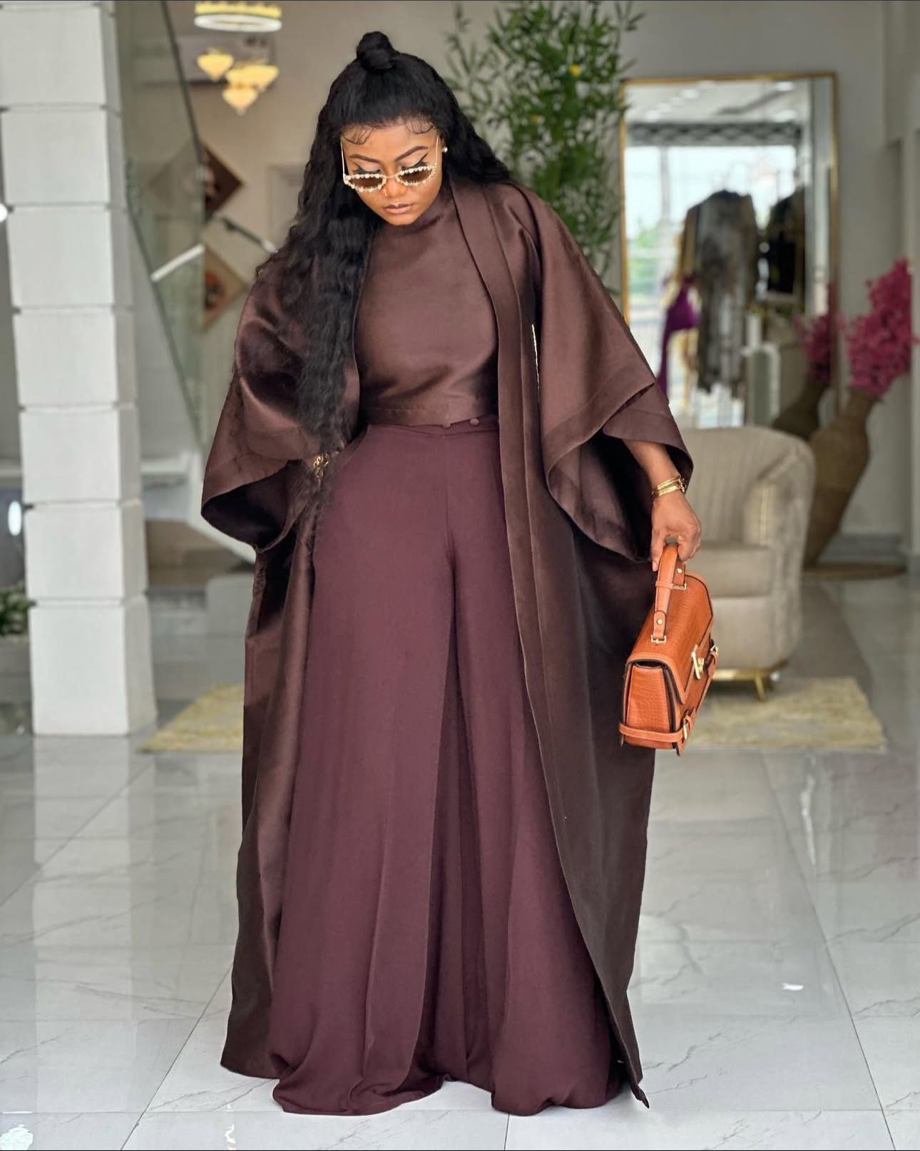 Luxe Chocolate Brown AFRICAN BROCADE Three-Piece Dress Set