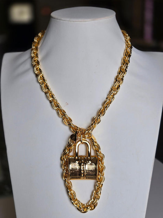 Gold Rope Chain Necklace with Lock Pendant