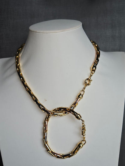 Gold-Plated Twisted Link Chain Necklace & Bracelet Set